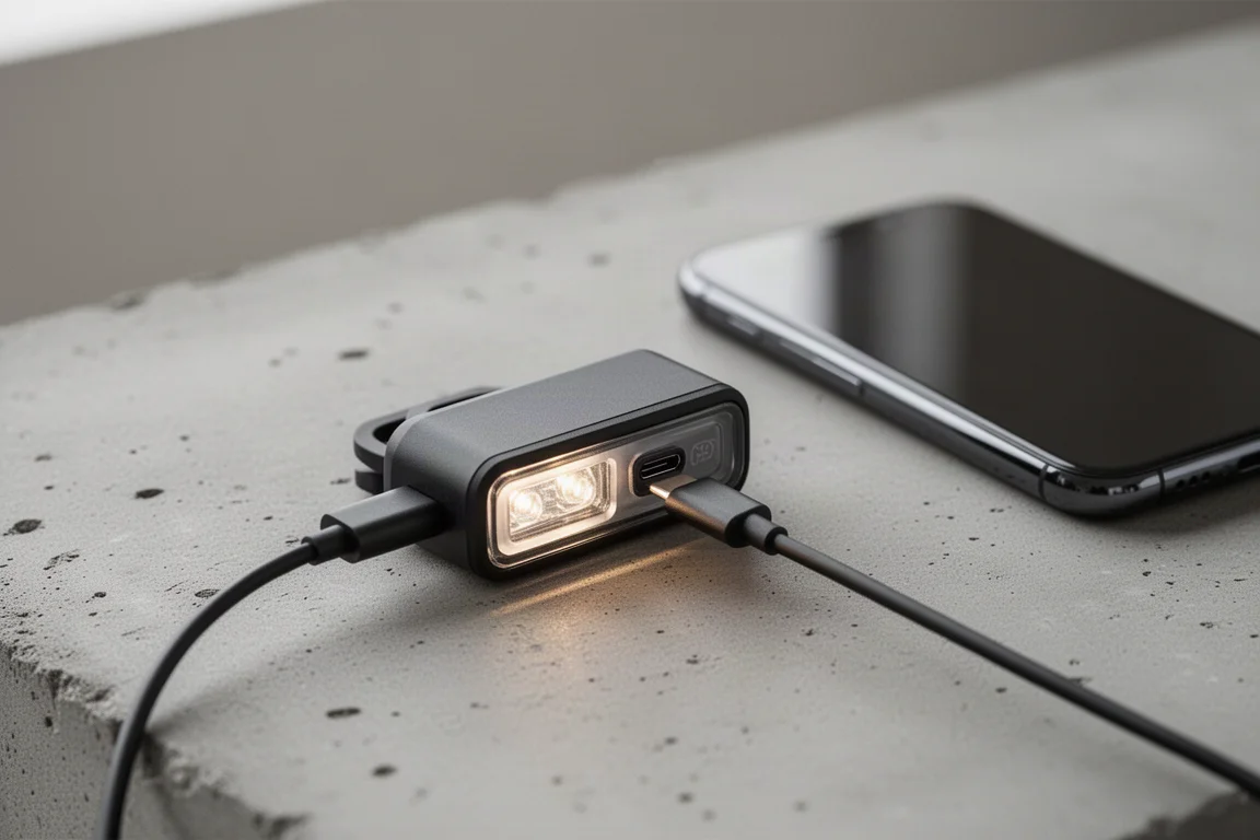USB-C cable plugged into a bike light charging on a desk