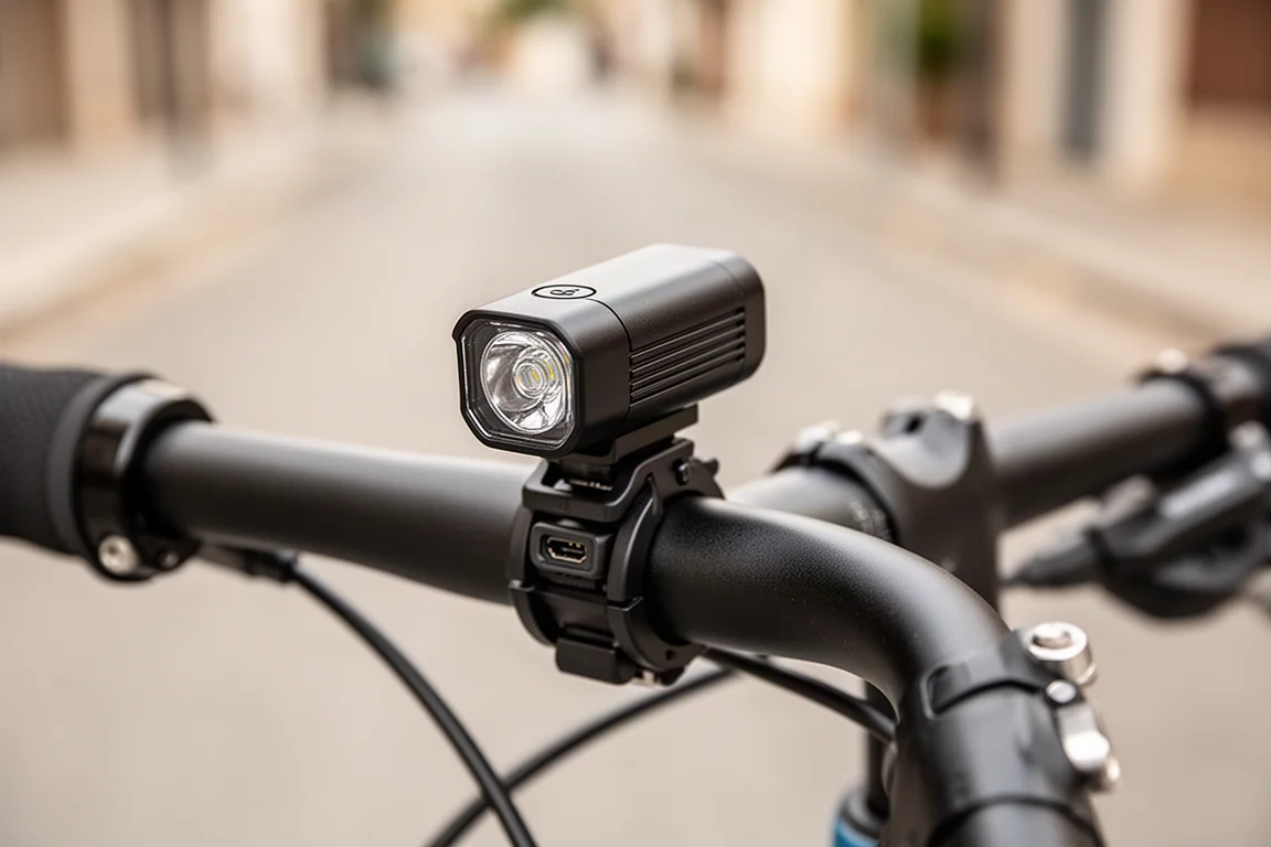 Bike light snapped onto an out-front mount on a cockpit