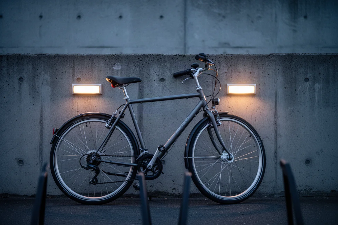 Commuter bike parked with a small rear-positioned light glowing softly