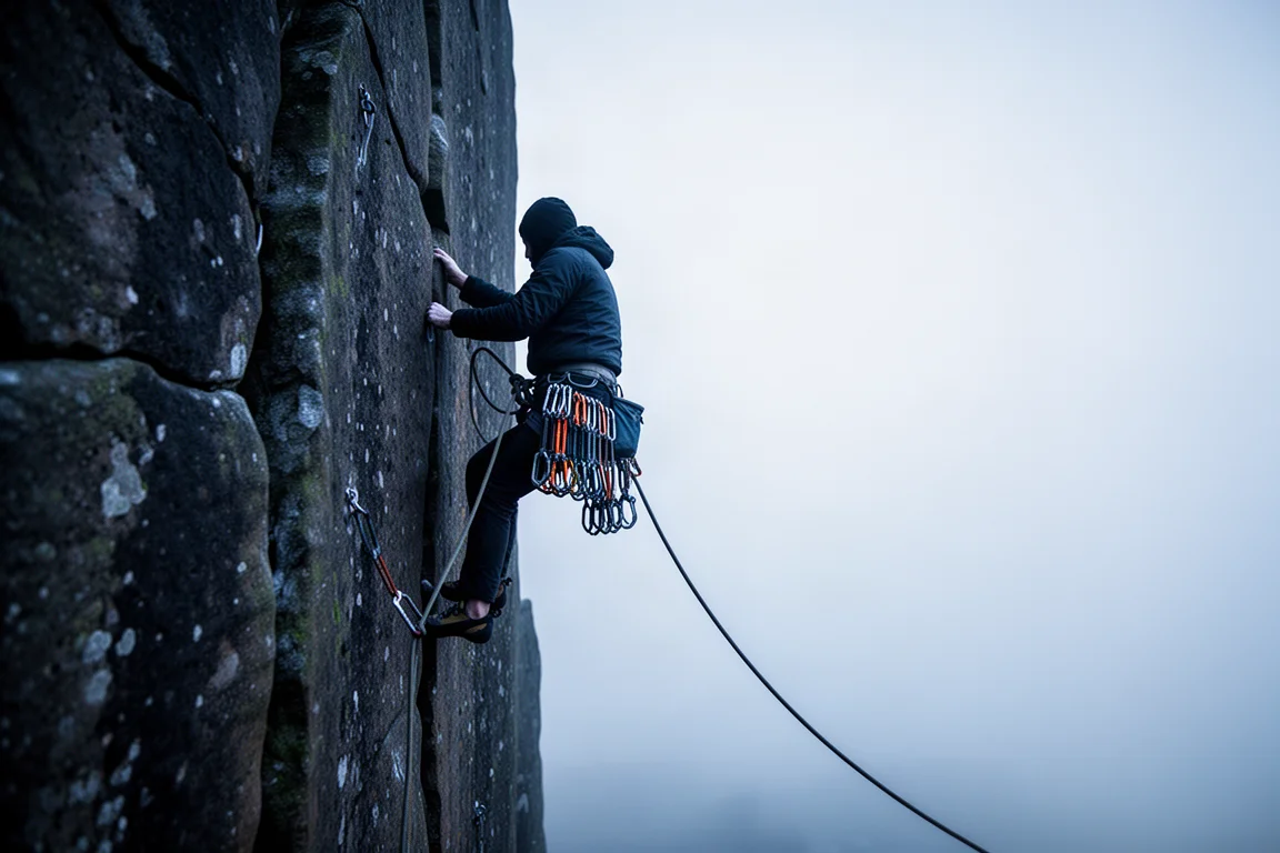 Tradklättrare på en gritstone-spricka i gryningsljuset med en rack kammar på selen