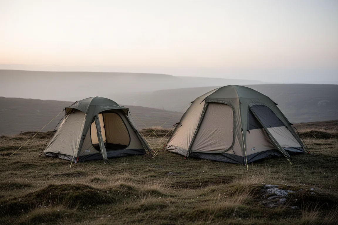 Two low-profile Wild Country Helm tents pitched on a grassy moorland ridge at dusk