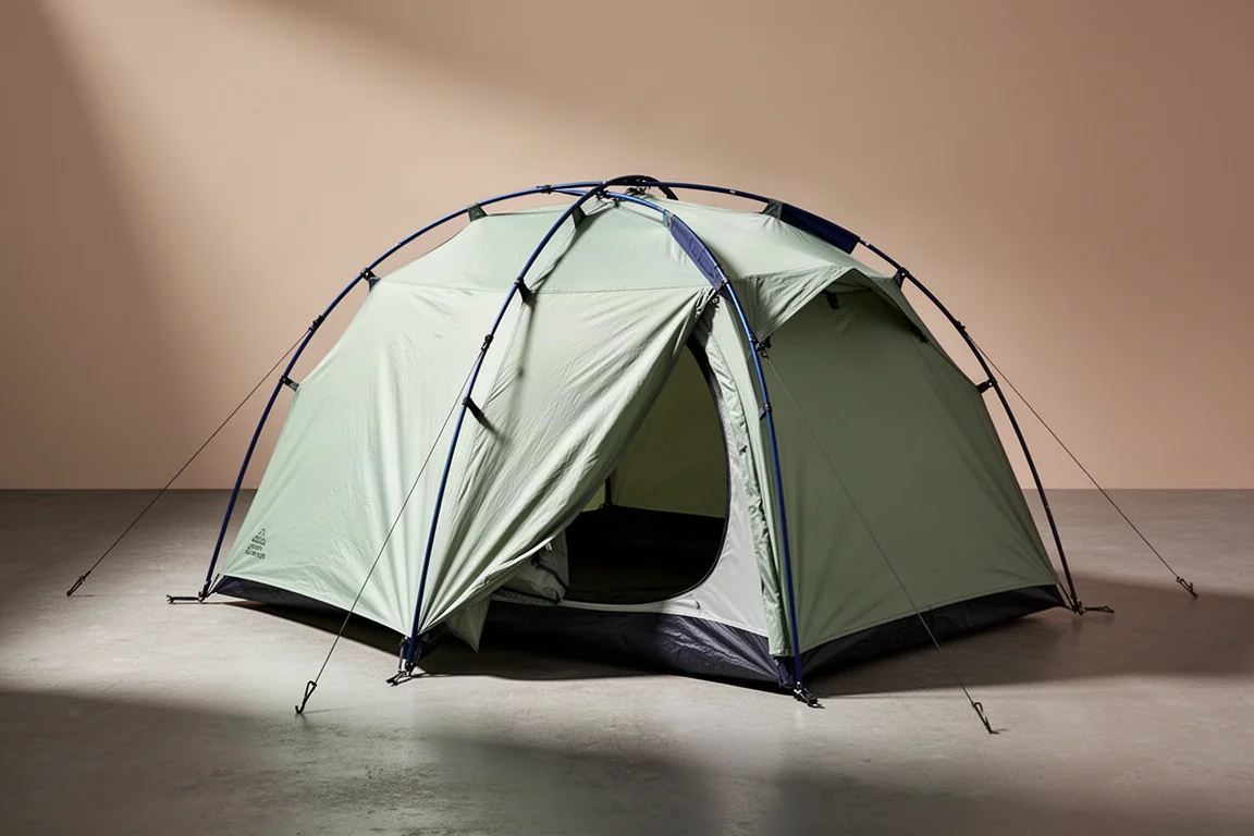 Low green two-person tunnel tent with blue poles pitched on a neutral surface