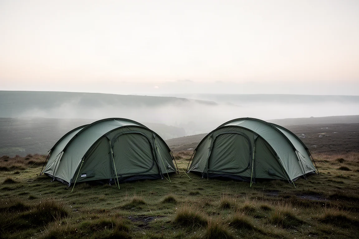 Two near-identical tunnel tents pitched side by side on a misty moorland ridge at dawn