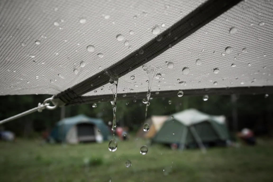 Close-up of rain beading and running off a taut woven tent flysheet
