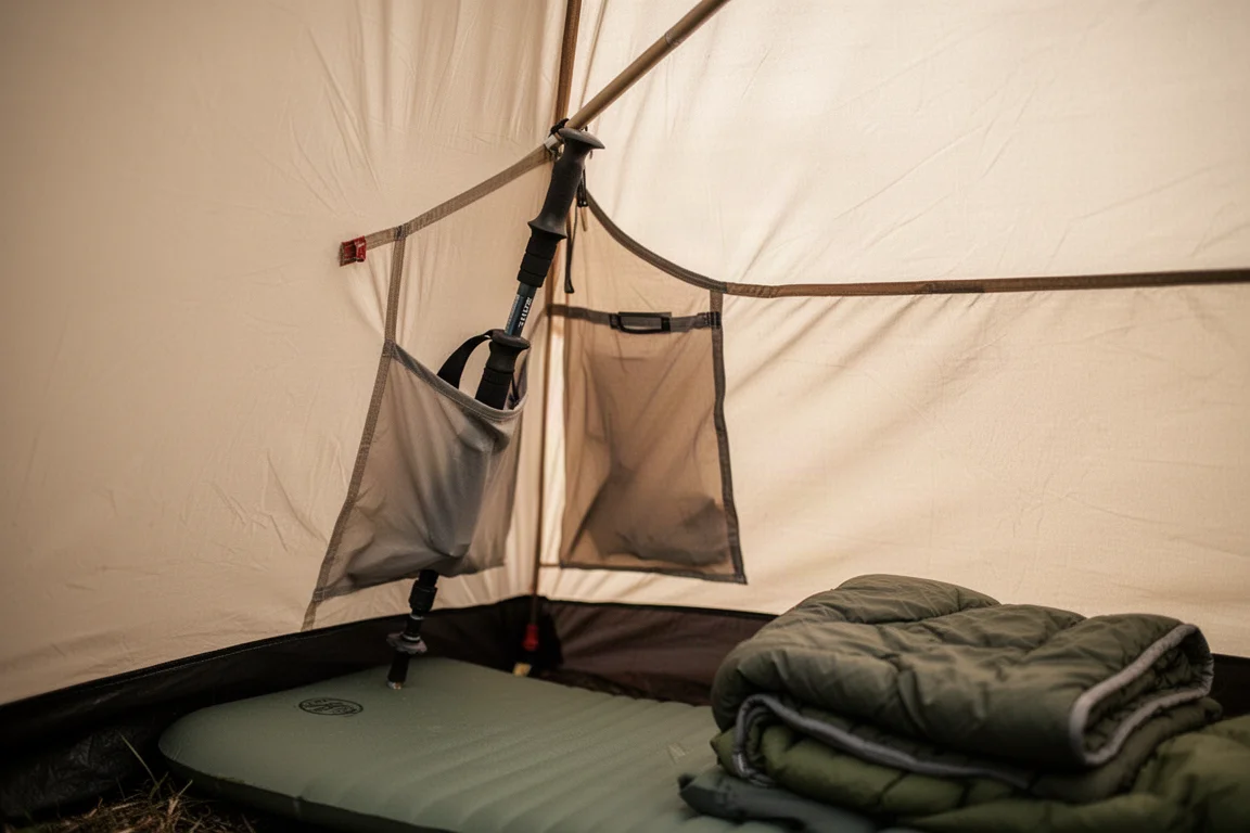 Trekking pole handle slotted into a reinforced pocket inside a small backpacking tent