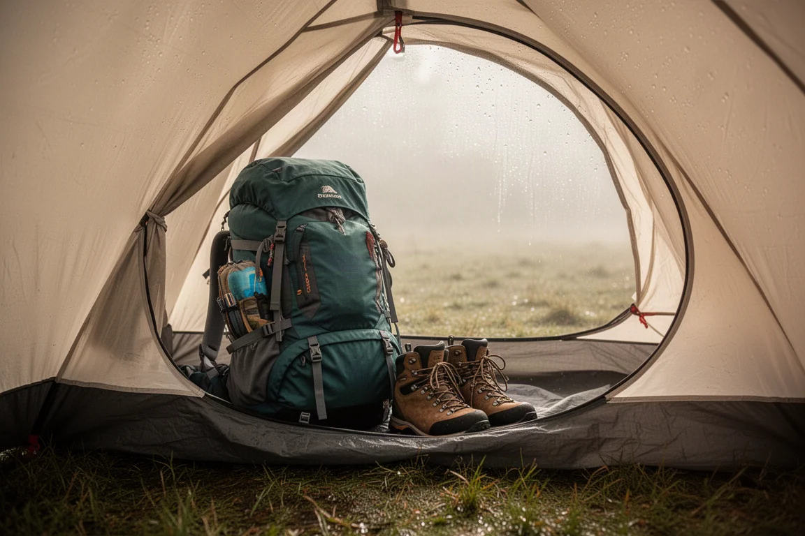 Packed hiking rucksack and walking boots inside a tent vestibule in morning light