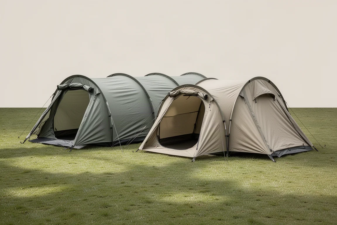 Two low-profile tunnel tents pitched side by side on a grassy pitch in soft overcast light