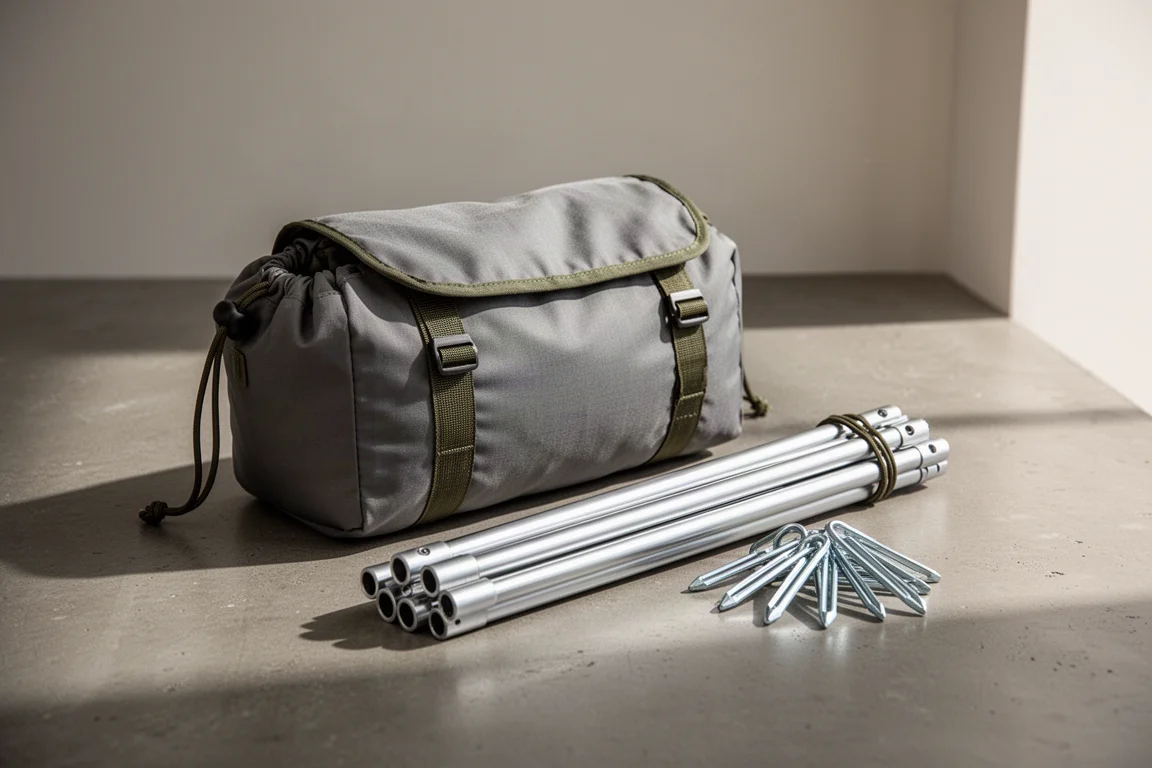 Tente rangée dans un sac de compression avec arceaux pliés et piquets sur du béton