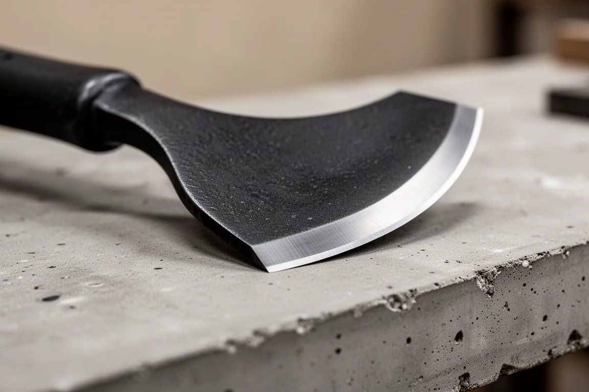 Close-up of a curved black oxide scraper blade edge on a workshop bench