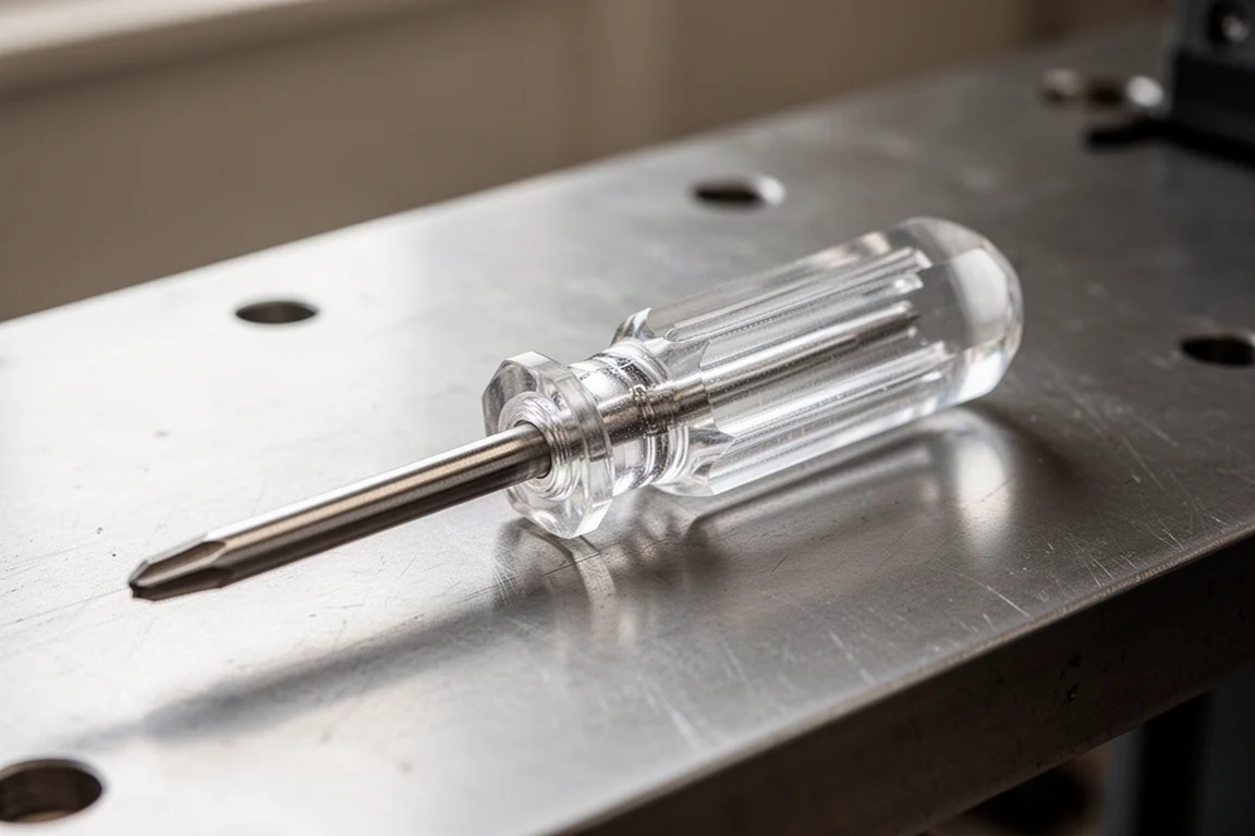 Clear acetate screwdriver-style handle of a scraper held in soft window light