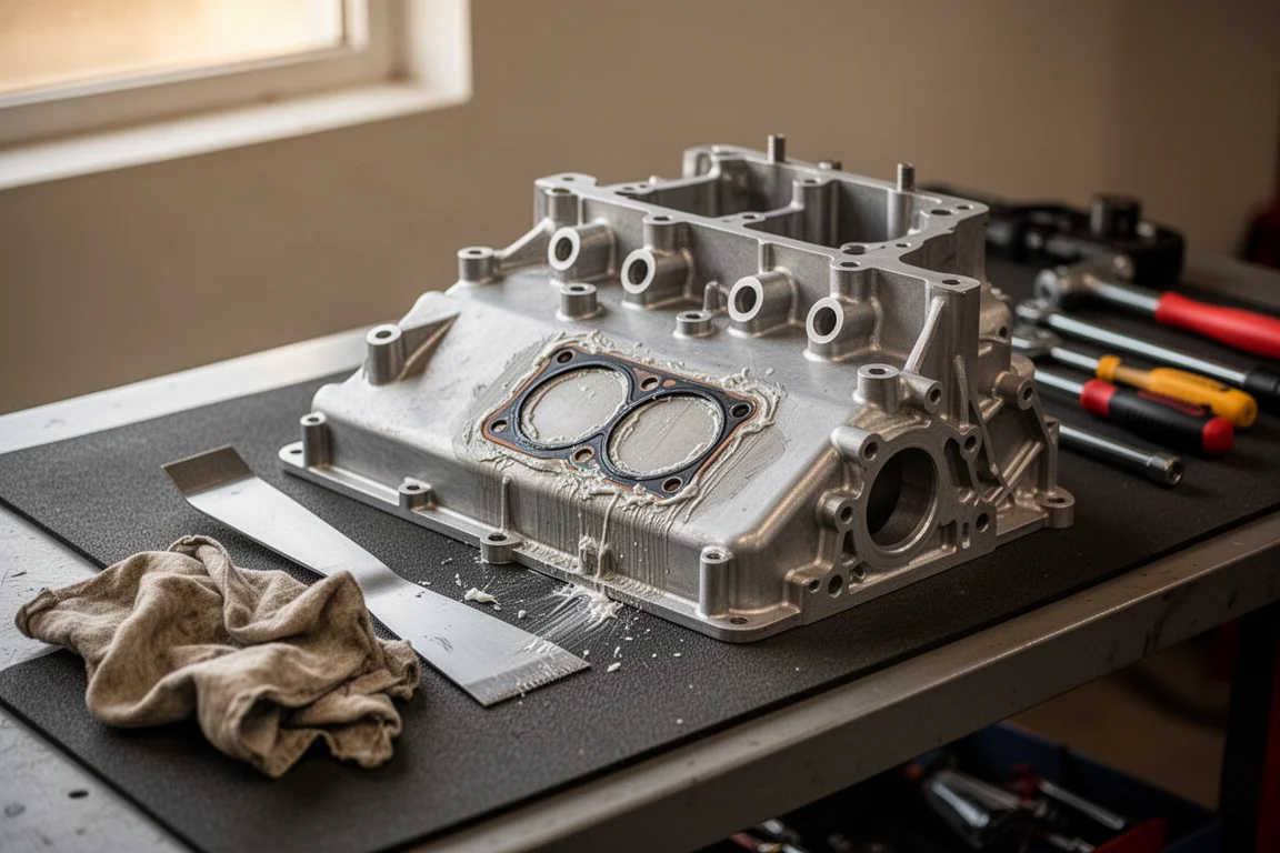 Workbench scene with a gasket surface being cleaned beside scattered workshop tools