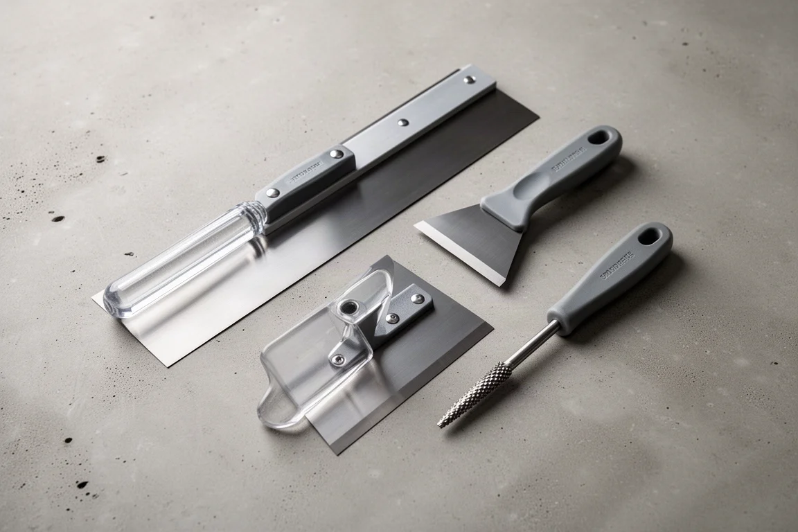 Flat lay of a scraper and assorted hand tools arranged on a concrete surface