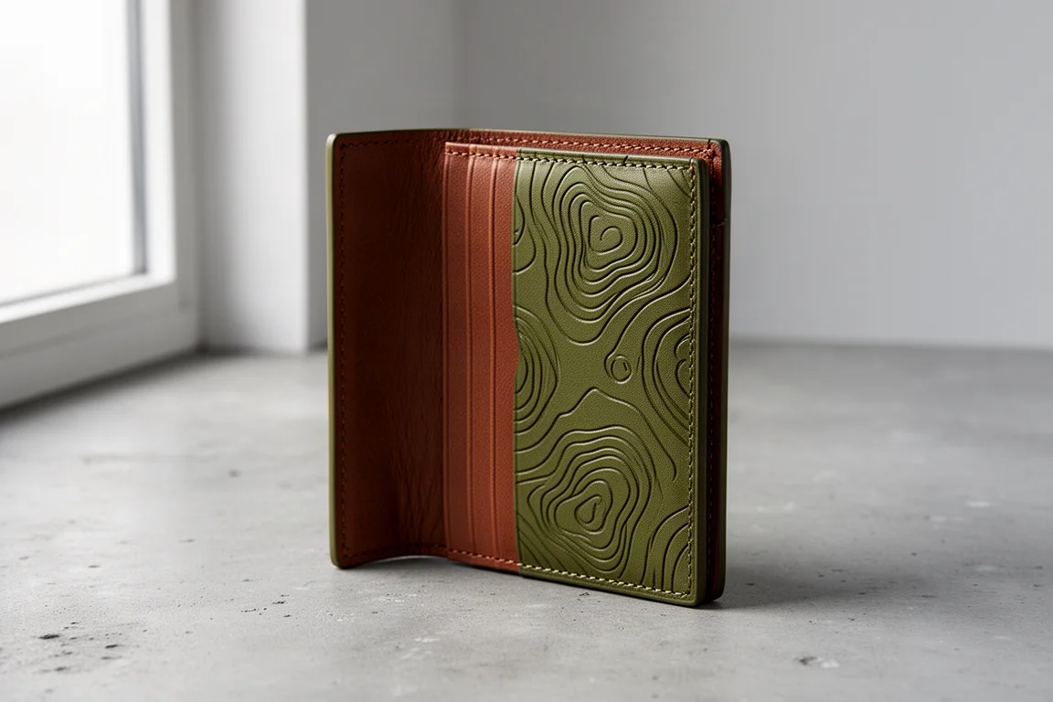 Half-open olive leather bifold wallet with brown interior and etched topography design