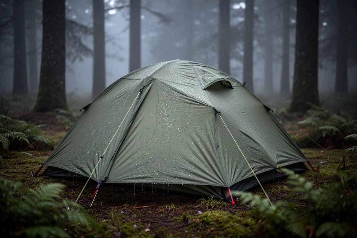 Ultralight-Backpacking-Zelt auf einer Waldlichtung bei anhaltendem Regen aufgebaut