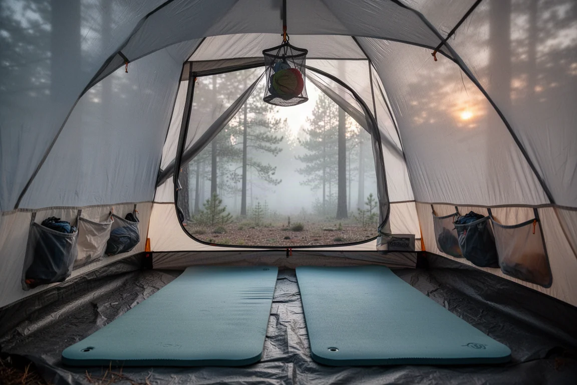 Flach ausgelegt: gefaltetes Ultralight-Zelt, Bodenschutz, Gear Loft und dünne Heringe