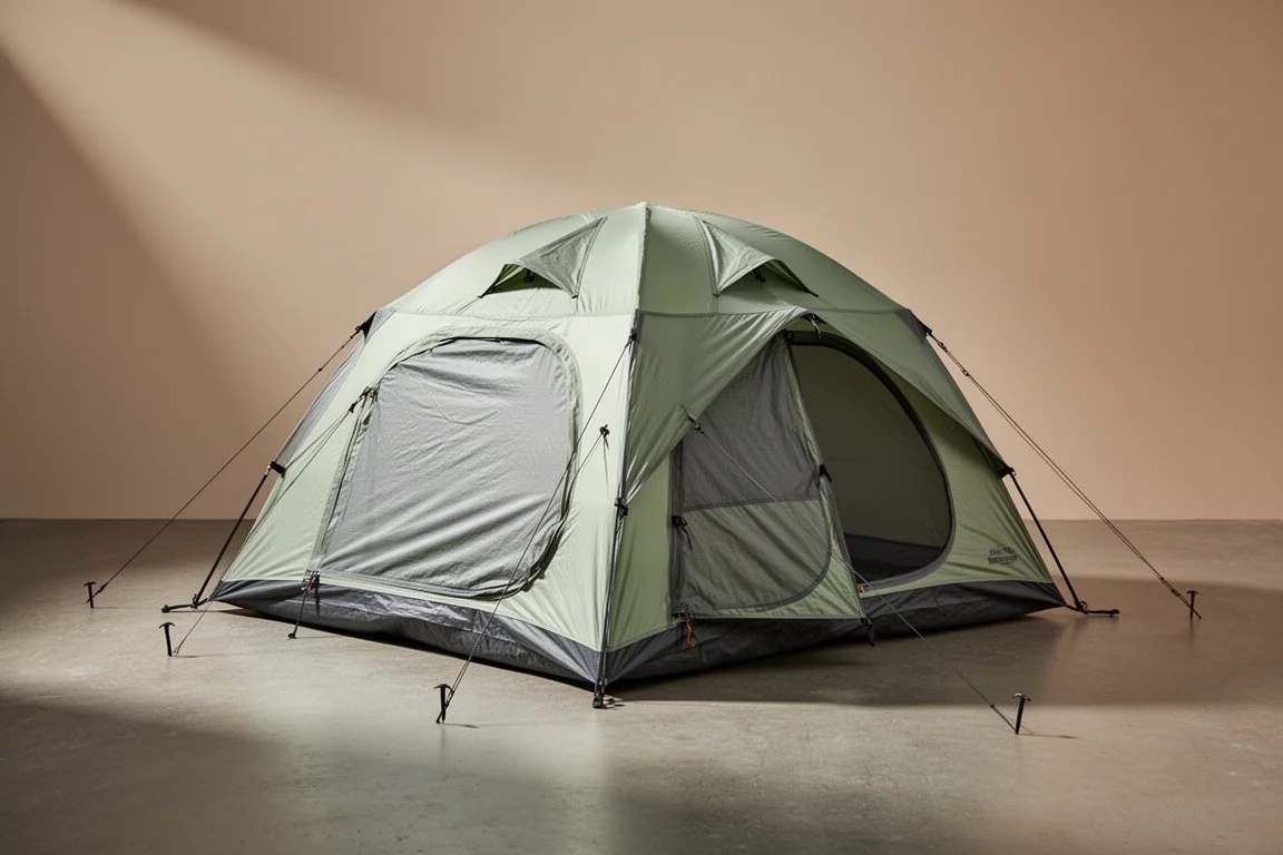 Ultralight two-person backpacking tent pitched on damp grass in a misty forest clearing at dusk