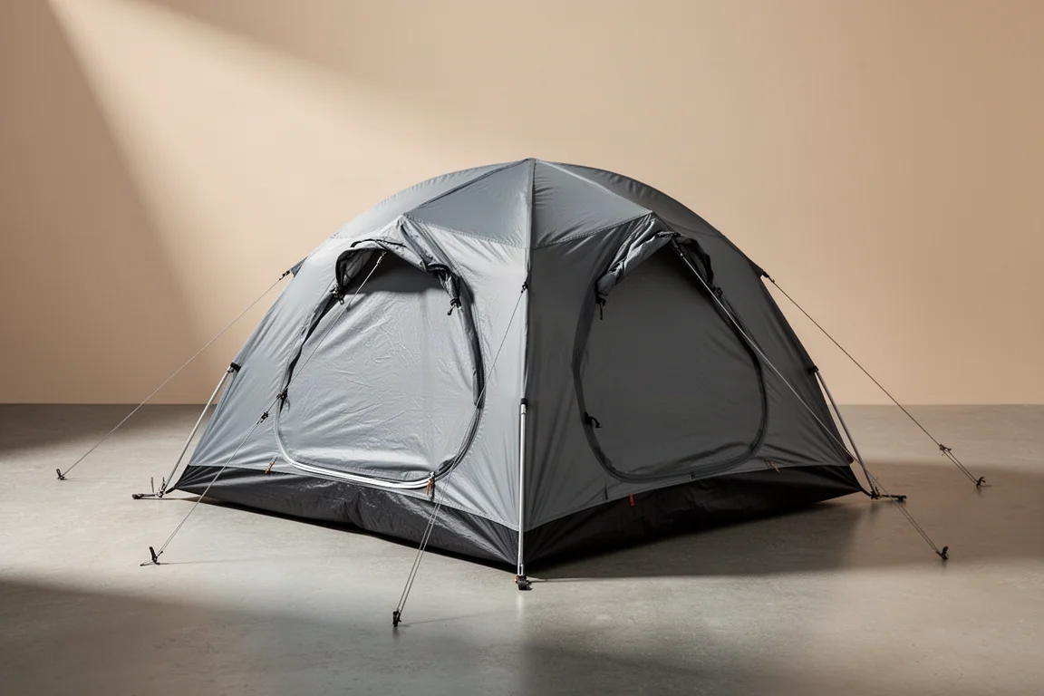 Sage green two-person backpacking tent pitched on a pale concrete platform