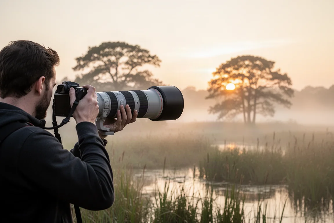 Fotograf przyrody fotografujący ptaki długim obiektywem teleobiektywnym w miękkim porannym świetle