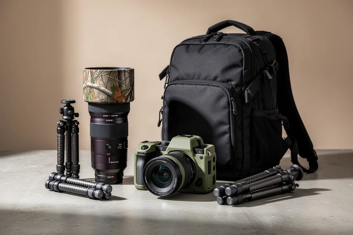 Kit fotografico wildlife con teleobiettivo, corpo macchina, treppiede e zaino su cemento