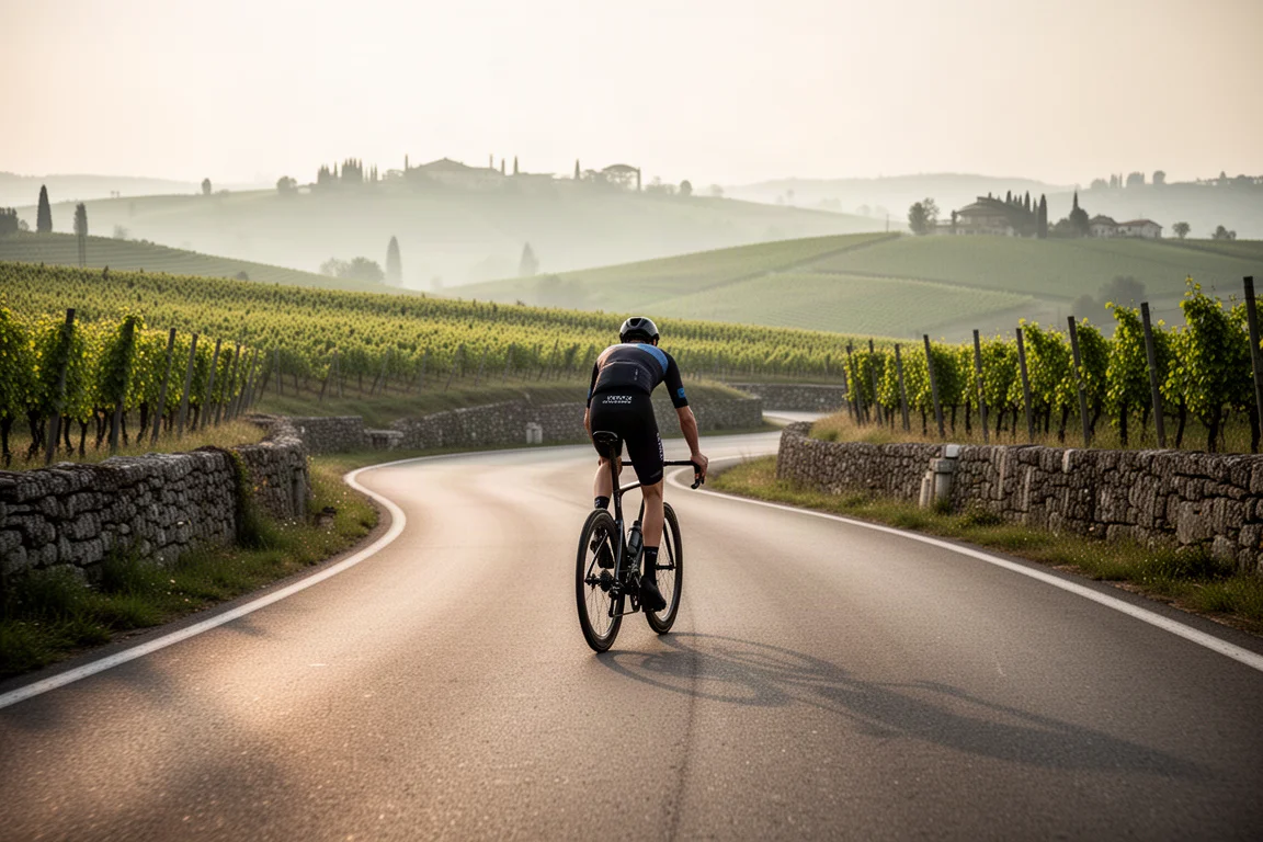 Ciclista visto da dietro mentre pedala su una bici da corsa aerodinamica tra i vigneti del Nord Italia all'alba