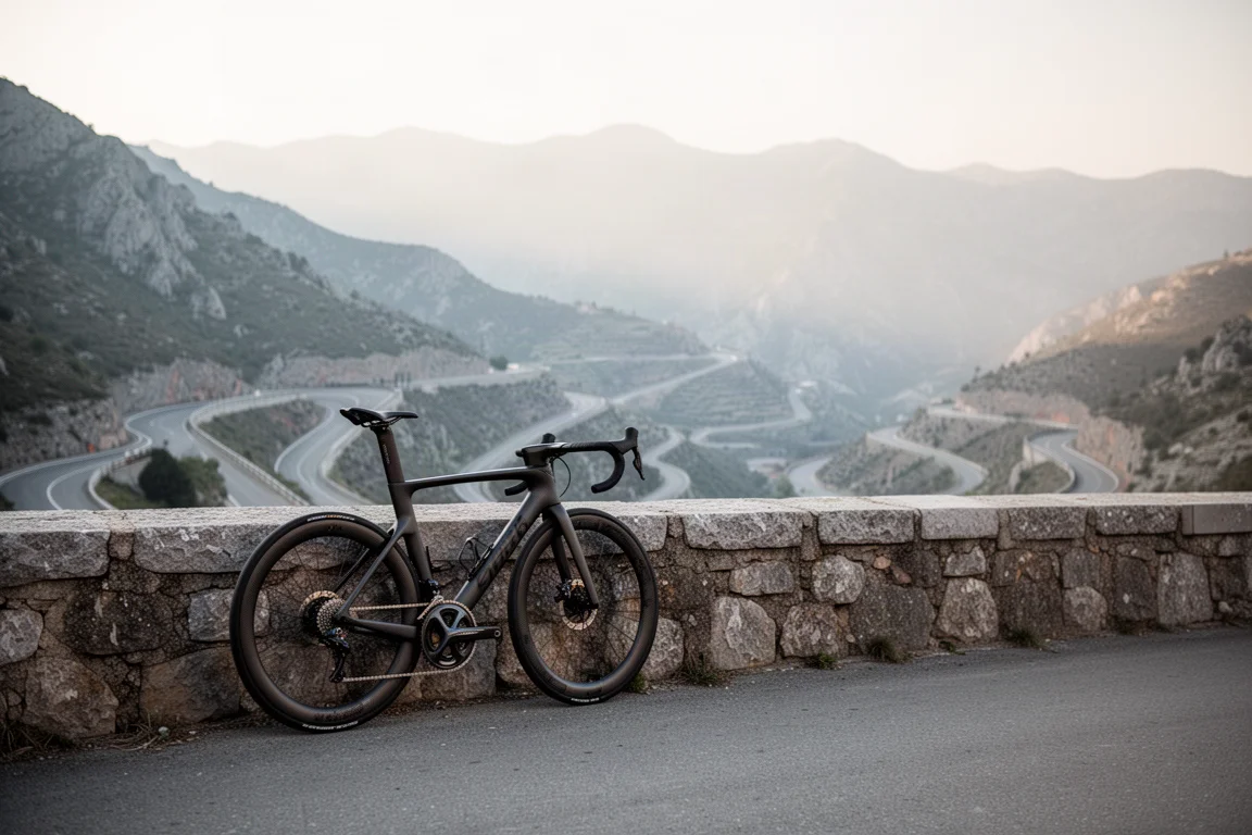 Ciclista in salita costante durante l'ora d'oro su una bici da corsa aerodinamica tra le colline dei vigneti