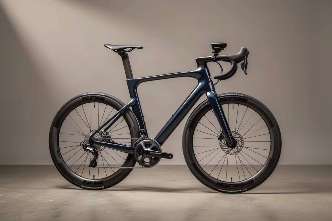 Carbon aero racefiets in zijaanzicht met diepe velgen en smal stuur op grijze achtergrond