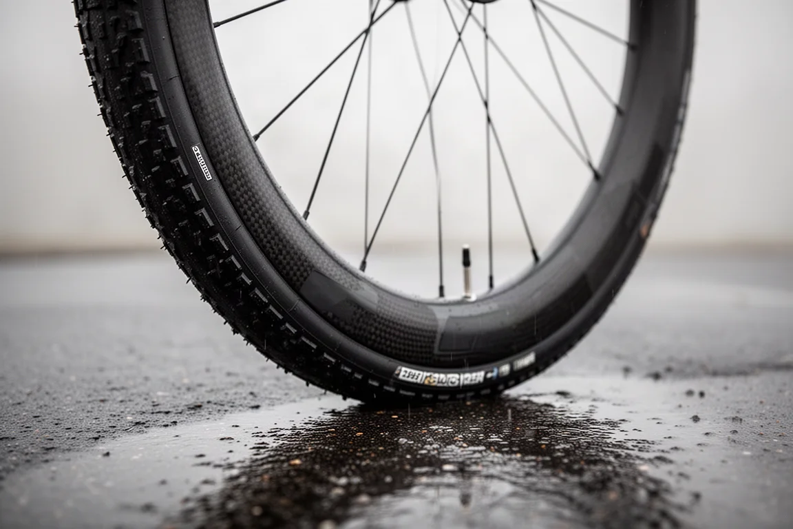 Breiter Rennradreifen auf einer Carbonfelge auf nassem Asphalt