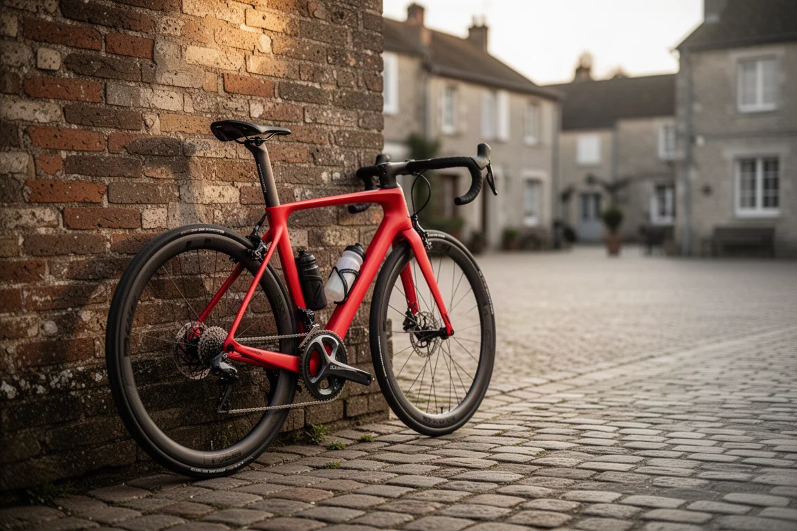 Rotes Rennrad lehnt nach einer langen Fahrt an einer verwitterten Ziegelmauer