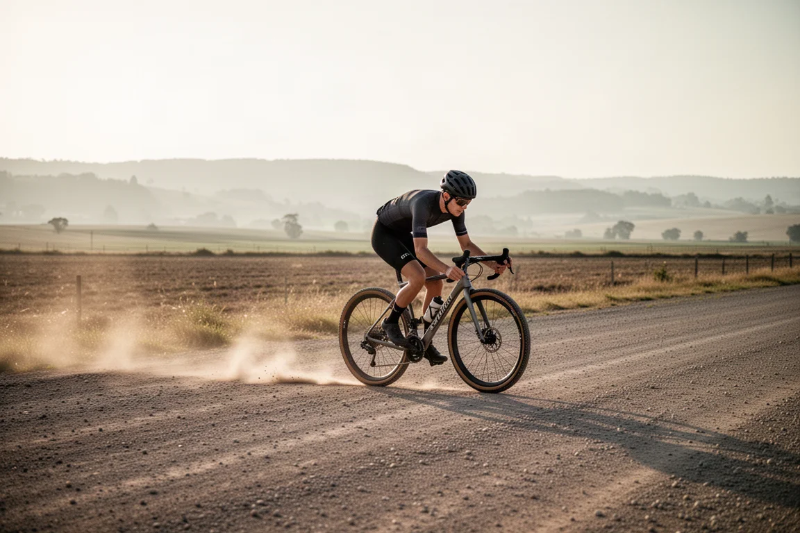 Cyclist riding a gravel bike on a hard-packed road in low sun