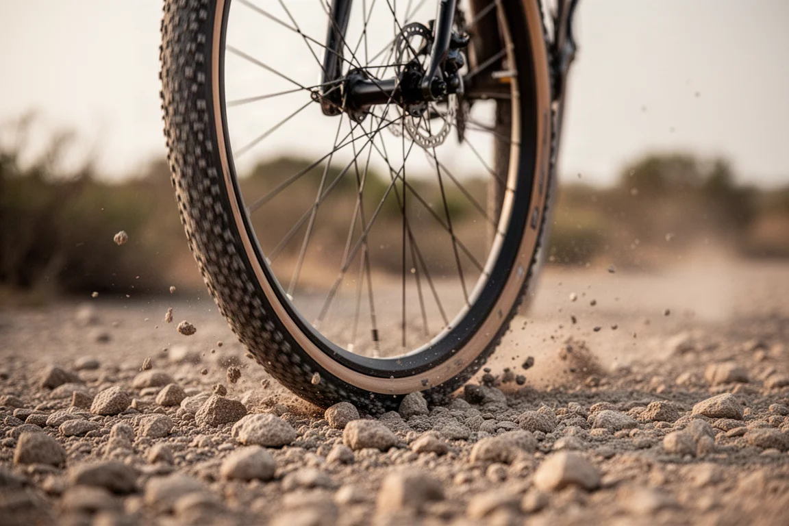 Gravel bike rear wheel rolling through loose stones