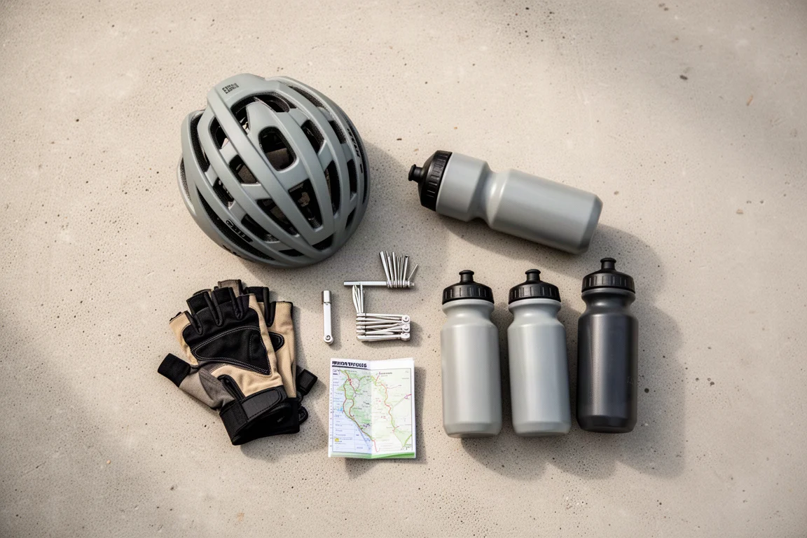 Flat-lay of gravel riding gear on a concrete surface