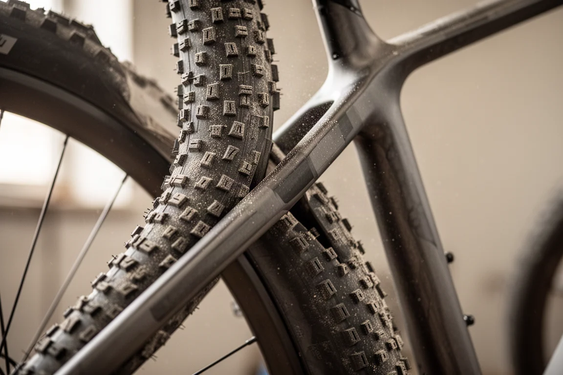 Close-up of tire clearance in a gravel bike rear triangle
