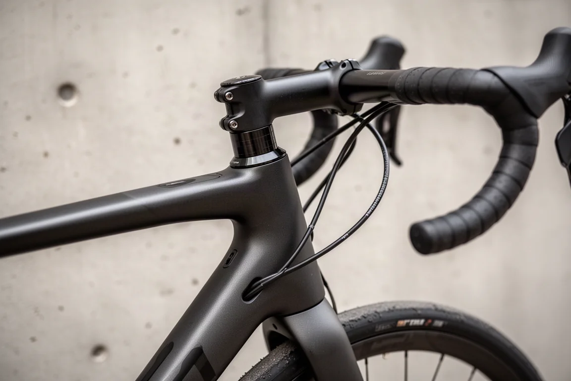Close-up of internally routed cables entering a carbon gravel bike frame