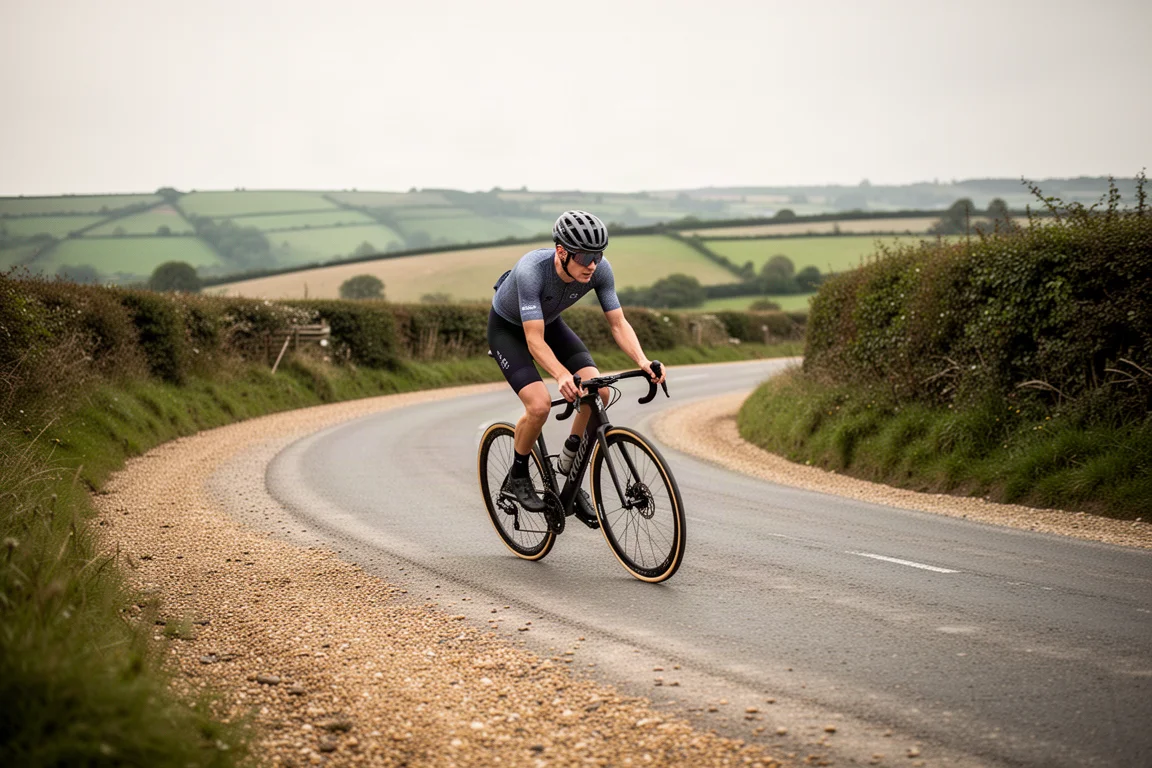 Gravel cyclist cornering hard on a smooth country lane in soft daylight