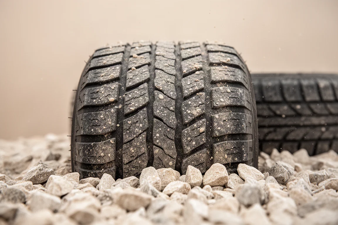Close-up of low profile gravel tyre tread with shoulder lugs on loose gravel