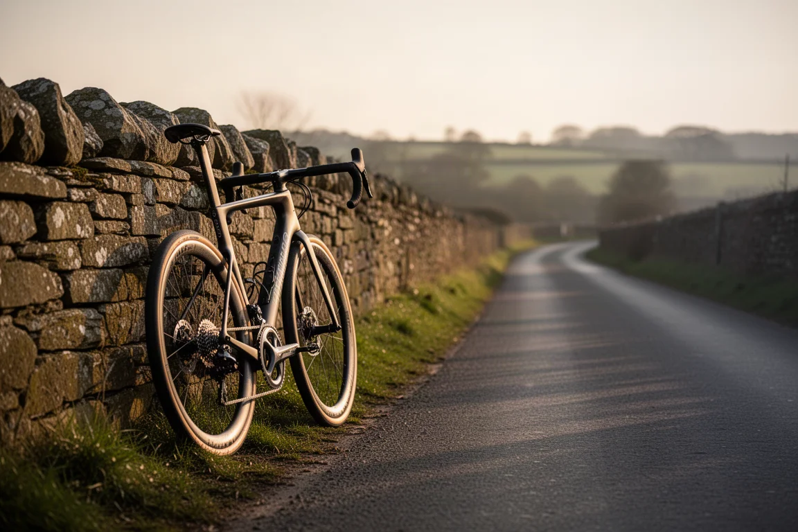 Gravel race bike parked against a stone wall beside a country lane