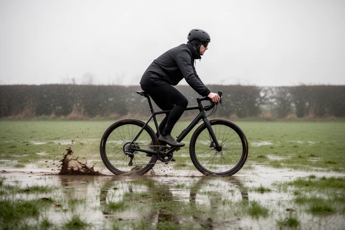 Gravelbike lehnt an einer verwitterten Betonwand an einem nassen Wintermorgen
