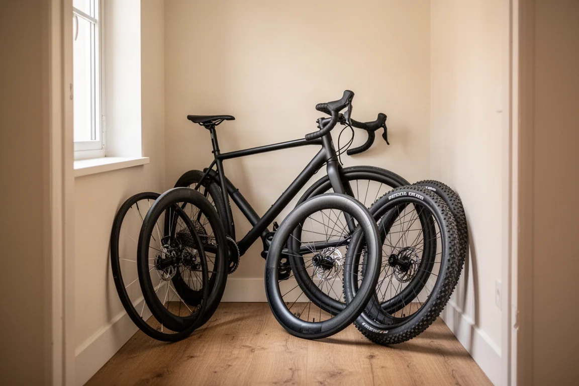 Gravelbike am Rand einer ruhigen Landstraße im Morgengrauen abgestellt