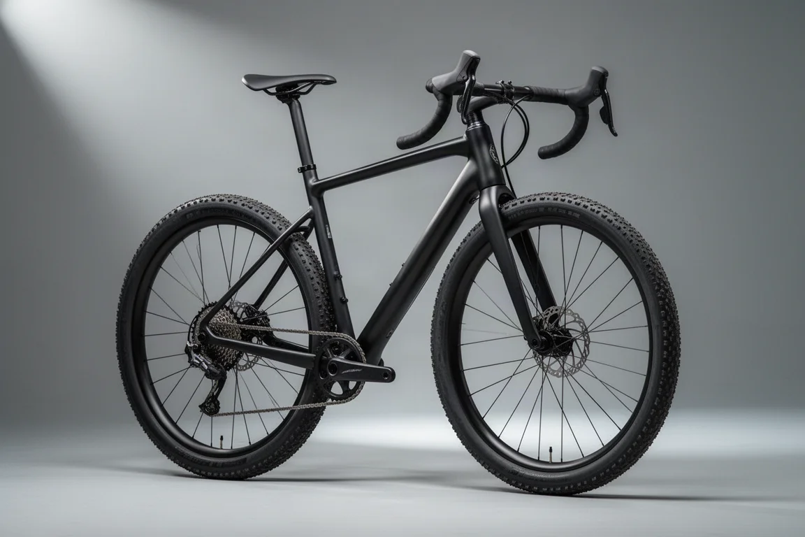 Carbon gravel bicycle with flared drop handlebars standing on wet concrete in overcast light