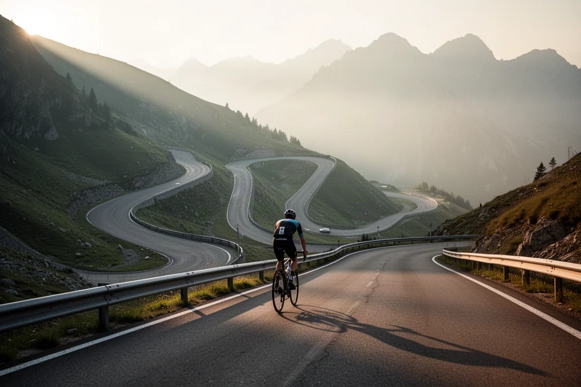 Cycliste gravissant une route de montagne sinueuse dans la brume à l'aube
