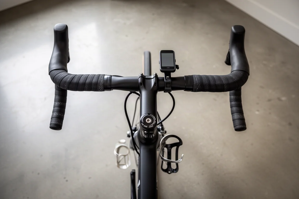 Vue de dessus d'un cintre et d'une potence monobloc de vélo de route sur du béton
