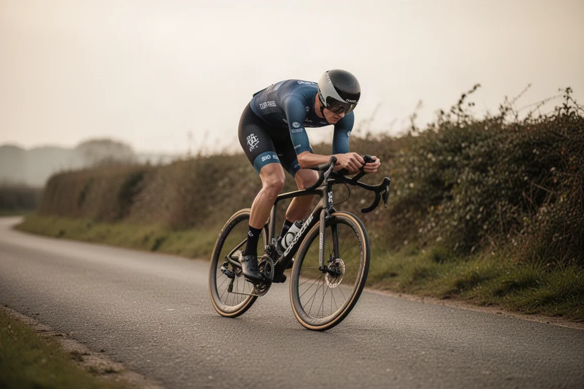 Cycliste sur route en position longue et basse sur une route de campagne