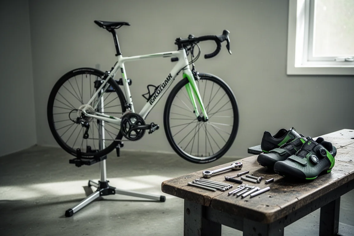 Vélo de route sur un support d'atelier avec outils et chaussures à proximité