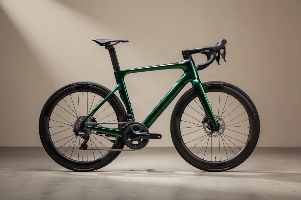 Lightweight carbon road bike in deep green, side profile on matte concrete floor