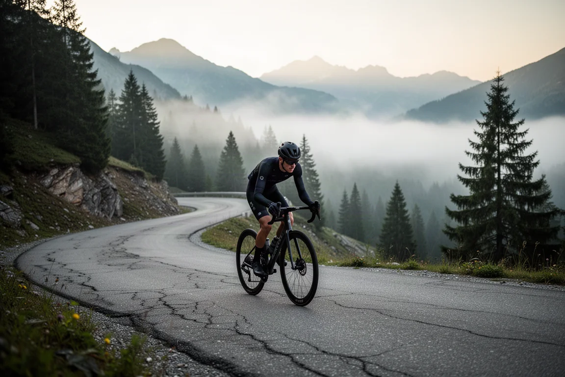 Ciclista subiendo una empinada carretera de montaña al amanecer con niebla en el valle