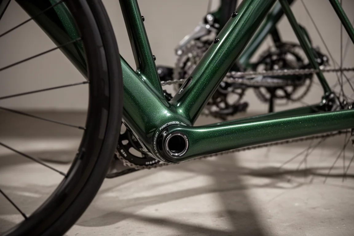 Primer plano de la unión del cuadro de carbono de una bici de carretera con transmisión y cadena