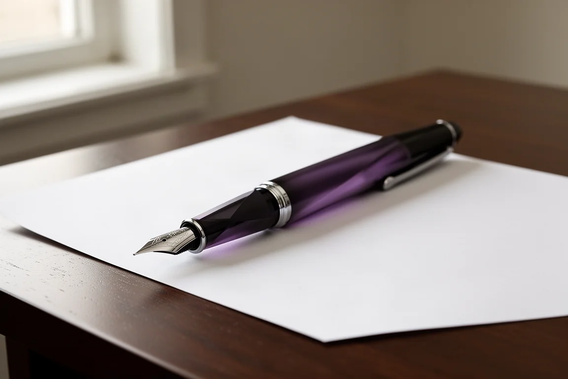 Large triangular fountain pen lying diagonally on a dark desk surface