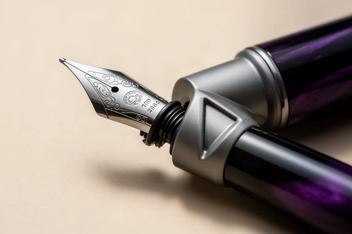 Close-up of a large fountain pen nib and polished triangular grip section