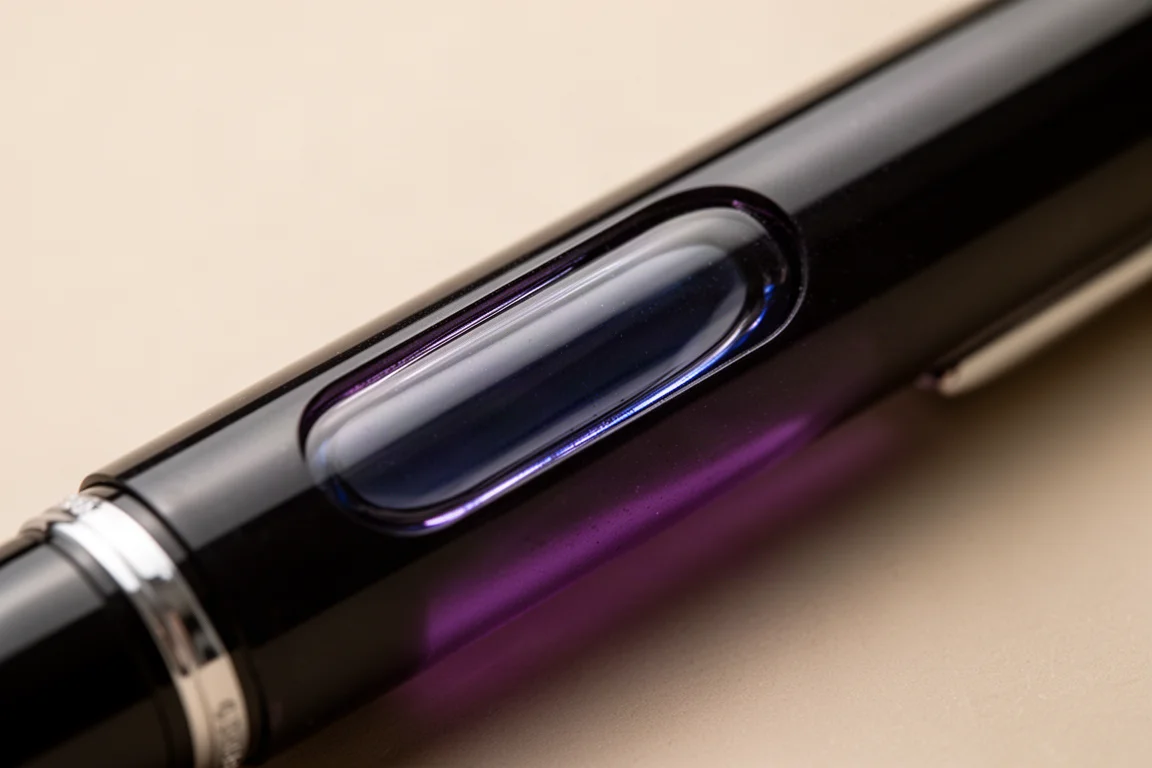 Fountain pen ink window filled with dark ink