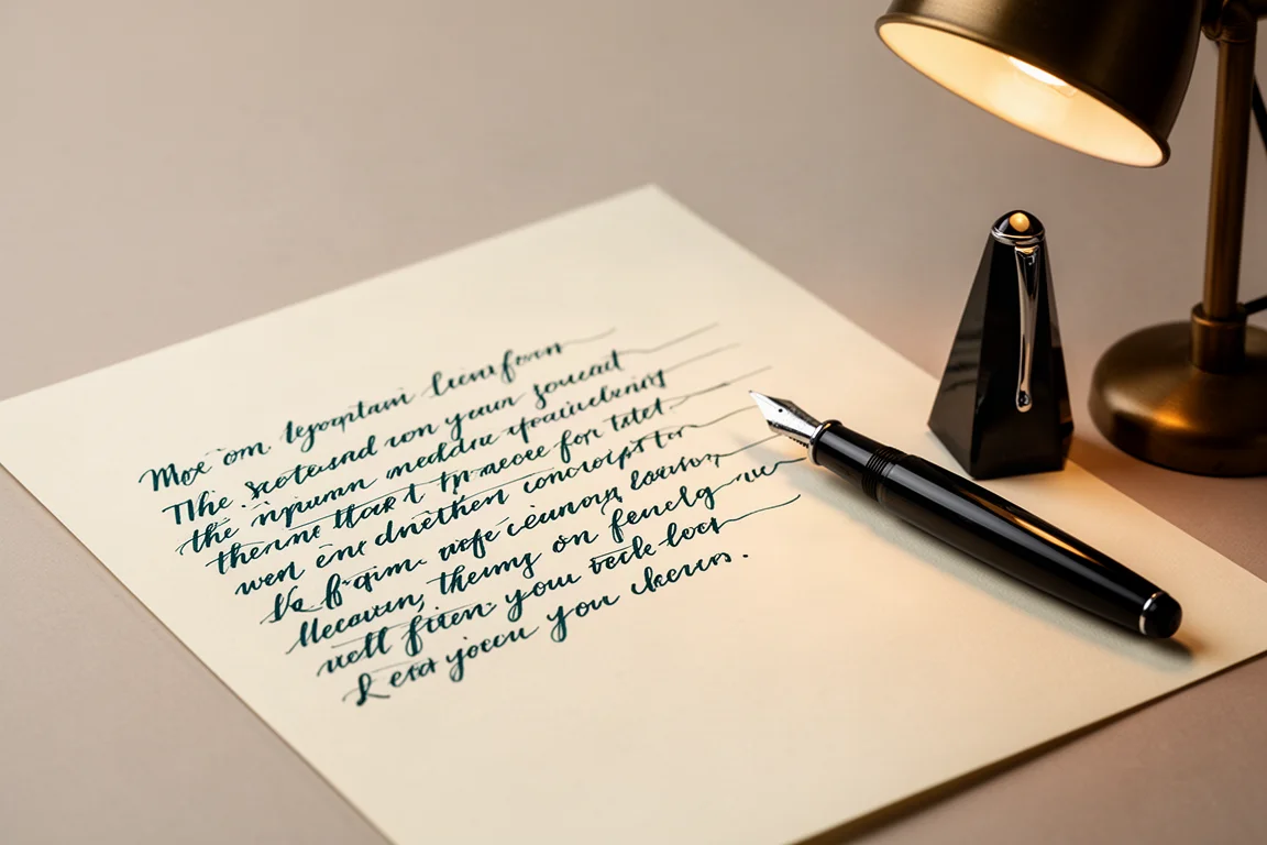 Handwriting sample page with a large fountain pen resting beside it